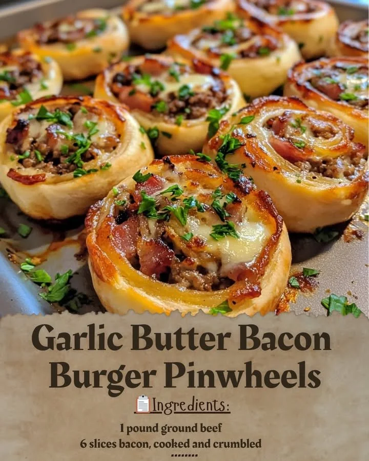 Garlic Butter Bacon Burger Pinwheels served on a platter