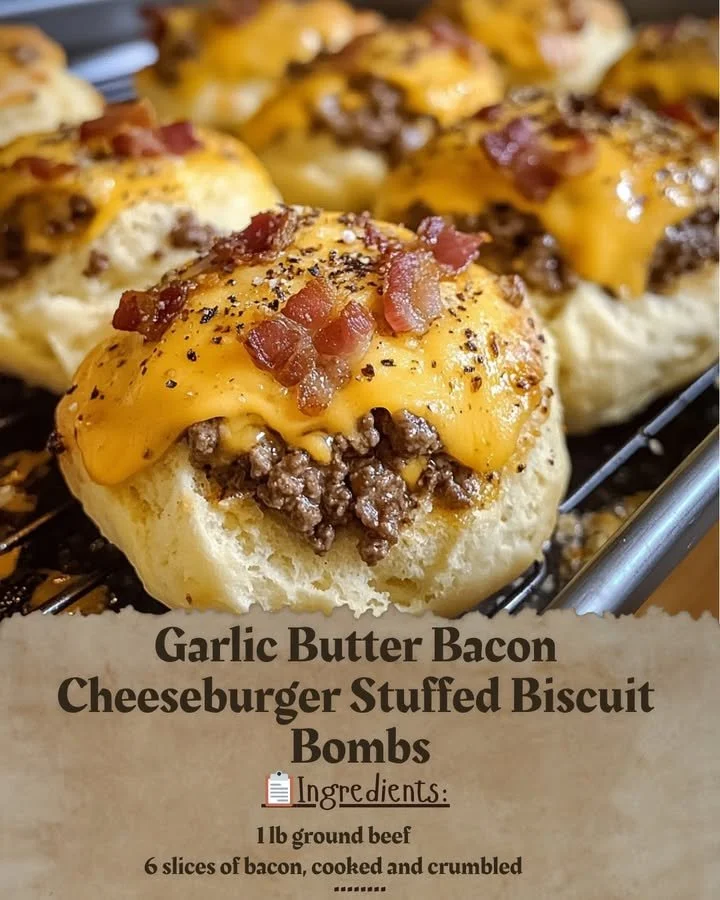 Garlic butter bacon cheeseburger stuffed biscuit bombs on a plate