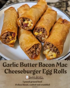 Garlic Butter Bacon Mac Cheeseburger Egg Rolls served on a plate