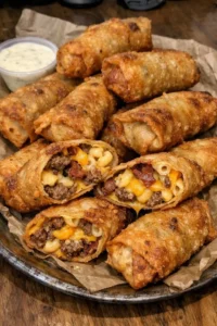 Garlic butter bacon mac cheeseburger egg rolls served on a platter