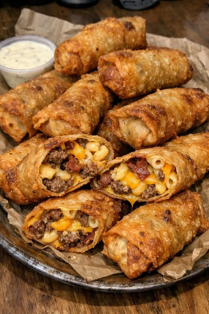 Garlic butter bacon mac cheeseburger egg rolls served on a platter