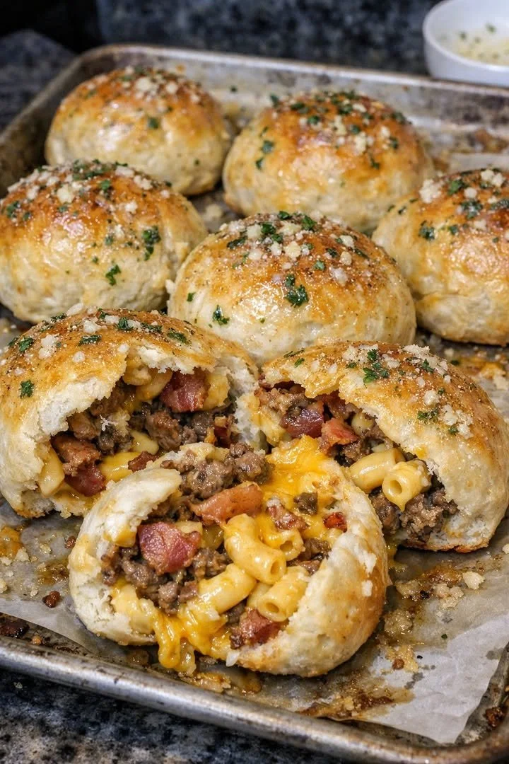 Garlic butter bacon mac cheeseburger stuffed bread bombs recipe