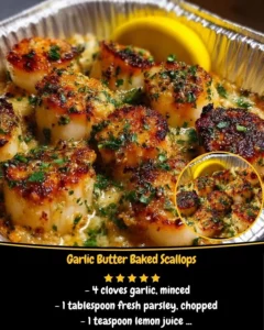 Garlic butter baked scallops served on a plate for a delicious seafood dish