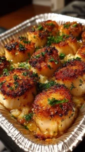 Plate of garlic butter baked scallops garnished with herbs
