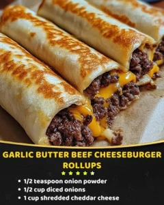 Garlic Butter Beef Cheeseburger Rollups recipe with melted cheese and savory beef