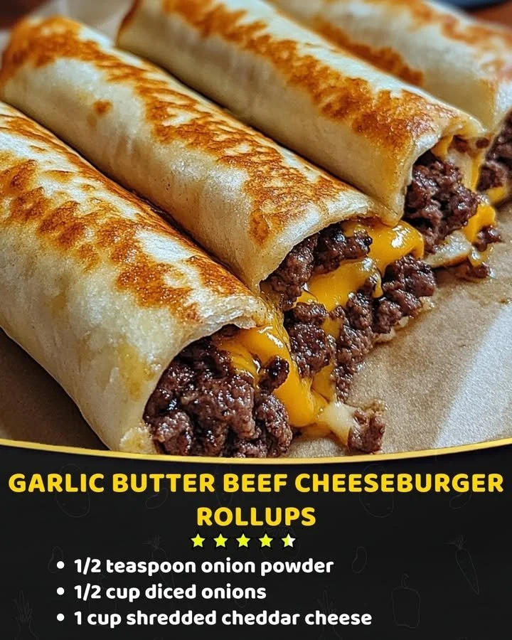 Garlic Butter Beef Cheeseburger Rollups recipe with melted cheese and savory beef