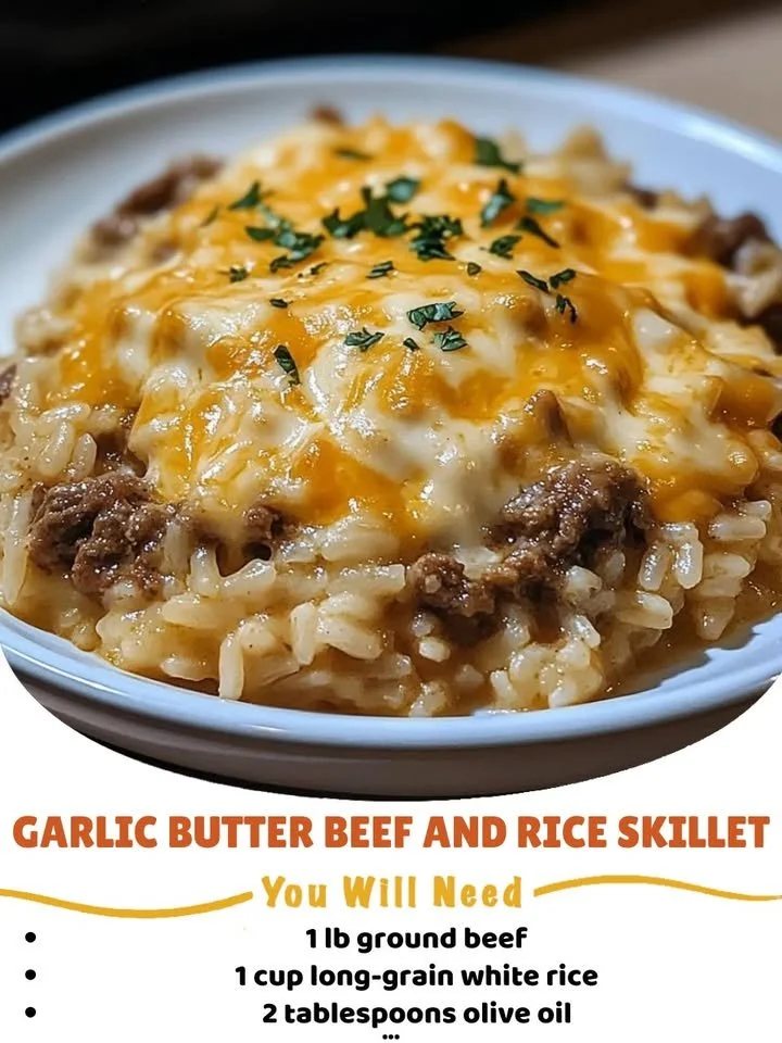Delicious garlic butter beef and rice skillet dish ready to serve.