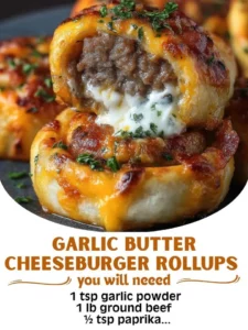 Garlic butter cheeseburger rollups on a plate, garnished and ready to serve