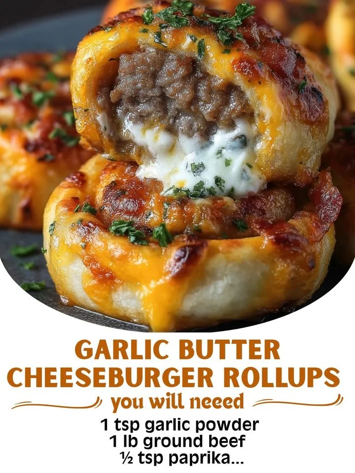 Garlic butter cheeseburger rollups on a plate, garnished and ready to serve