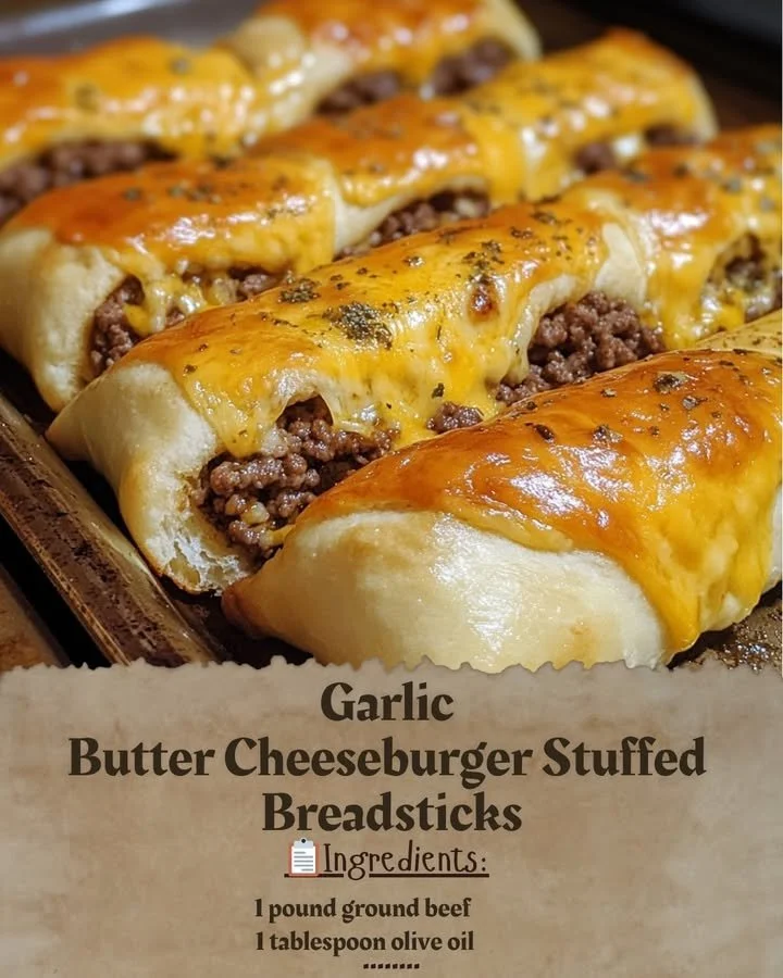 Garlic Butter Cheeseburger Stuffed Breadsticks displayed on a plate