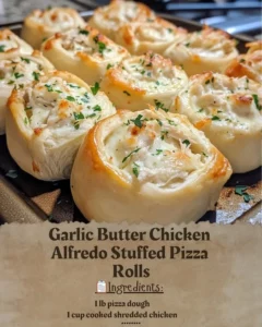 Garlic Butter Chicken Alfredo Stuffed Pizza Rolls ready to serve.