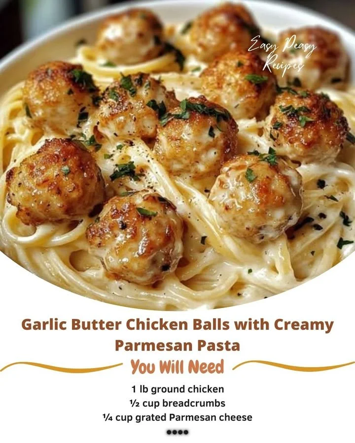 Garlic Butter Chicken Balls with creamy Parmesan pasta on a plate