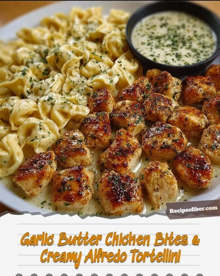 Garlic Butter Chicken Bites served with Creamy Alfredo Tortellini on a plate.