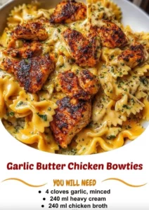 Garlic Butter Chicken Bowties with herbs in a creamy sauce