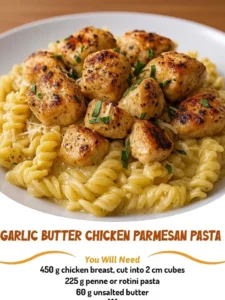 Delicious Garlic Butter Chicken served over Parmesan pasta.
