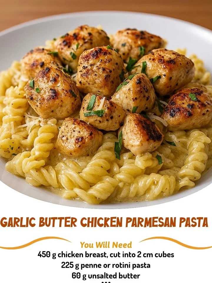 Delicious Garlic Butter Chicken served over Parmesan pasta.