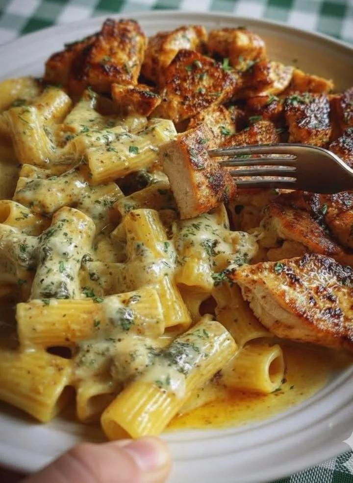 Delicious garlic butter chicken penne served in creamy gouda parmesan sauce.