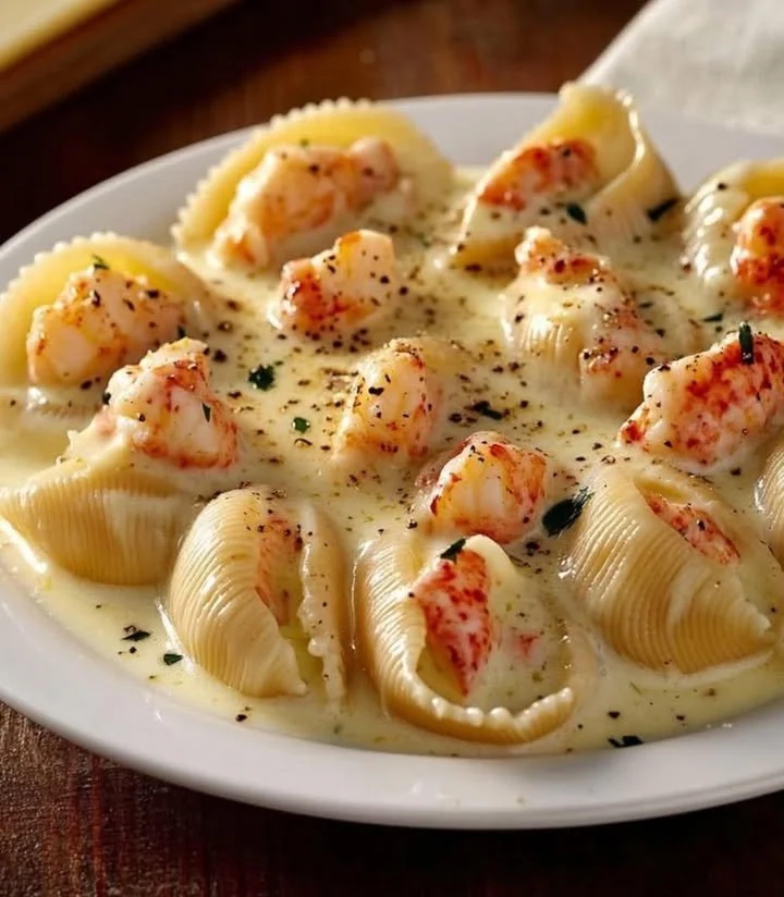 Garlic butter lobster-filled jumbo pasta shells on a plate
