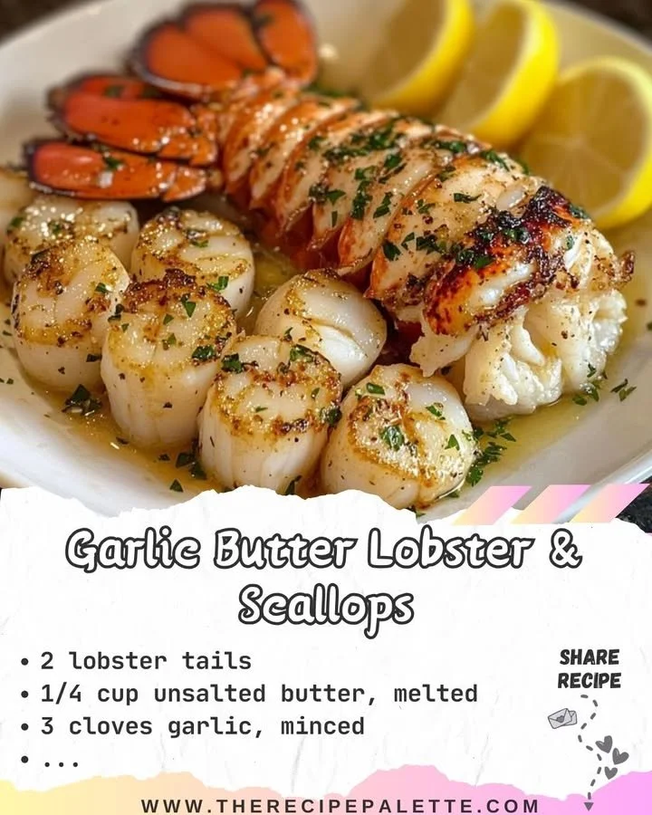 Delicious Garlic Butter Lobster served with scallops in a gourmet dish