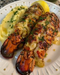 Garlic butter lobster tails served with creamy mashed potatoes