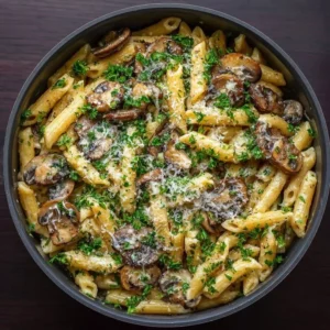 Delicious one-pot garlic butter mushroom parmesan pasta garnished with herbs