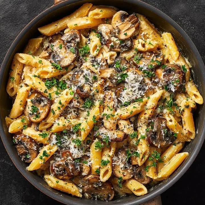 Delicious garlic butter one-pot mushroom parmesan pasta in a bowl