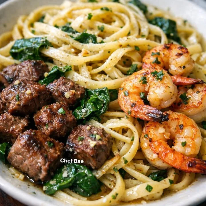A plate of Garlic Butter Pasta topped with steak bites, shrimp, and spinach.
