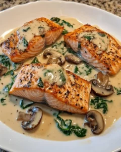 Delicious garlic butter salmon served with spinach and mushrooms in creamy sauce
