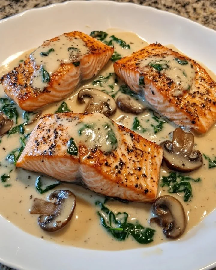 Garlic Butter Salmon with Spinach and Mushrooms in Creamy Sauce