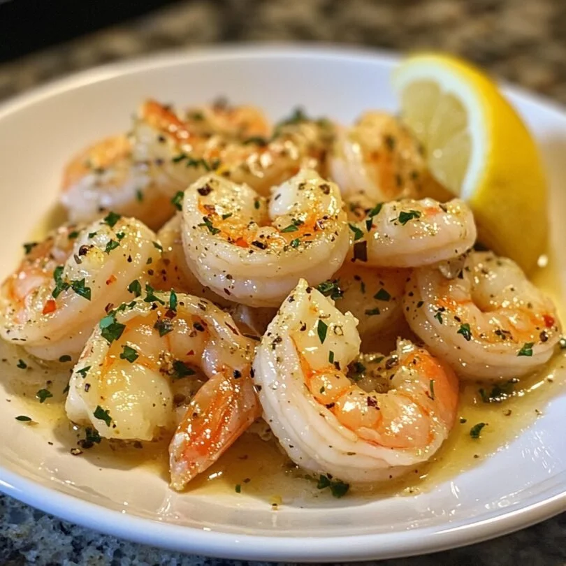 Delicious Garlic Butter Shrimp served with herbs and lemon