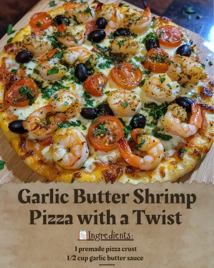 Garlic Butter Shrimp Pizza with a Twist served on a wooden board