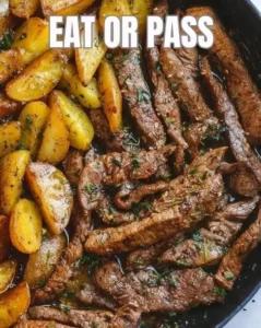 Garlic Butter Steak and Potatoes Skillet served in a cast iron pan