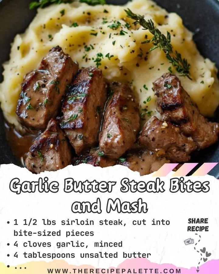 Delicious Garlic Butter Steak Bites with creamy mashed potatoes on a plate.
