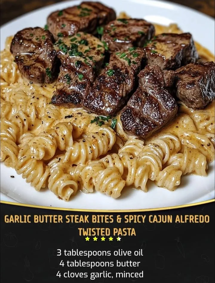 Delicious Garlic Butter Steak Bites served with Spicy Cajun Alfredo Twisted Pasta