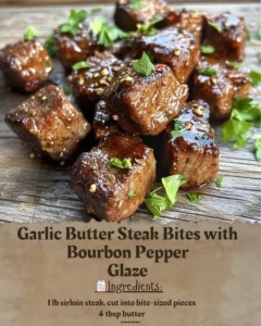 Delicious garlic butter steak bites drizzled with bourbon pepper glaze