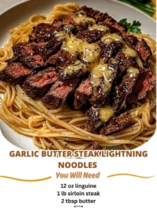 Garlic Butter Steak served with Lightning Noodles in a savory dish