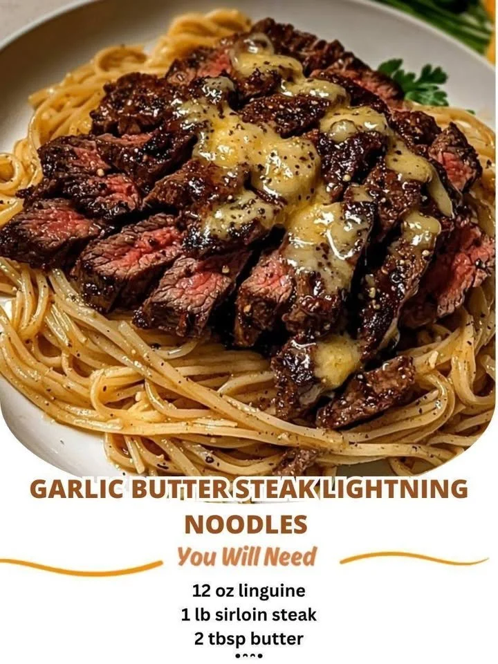 Delicious garlic butter steak served over lightning noodles with fresh garnishes.