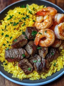 Delicious Garlic Butter Steak & Shrimp plated with Saffron Rice