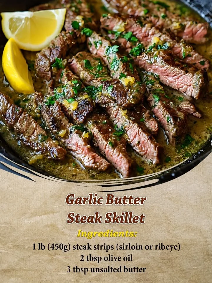 Delicious garlic butter steak skillet with herbs and spices