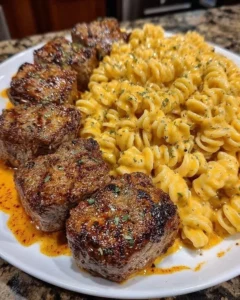 Garlic Butter Steak Tips served with cheesy rotini in a rich cheddar sauce