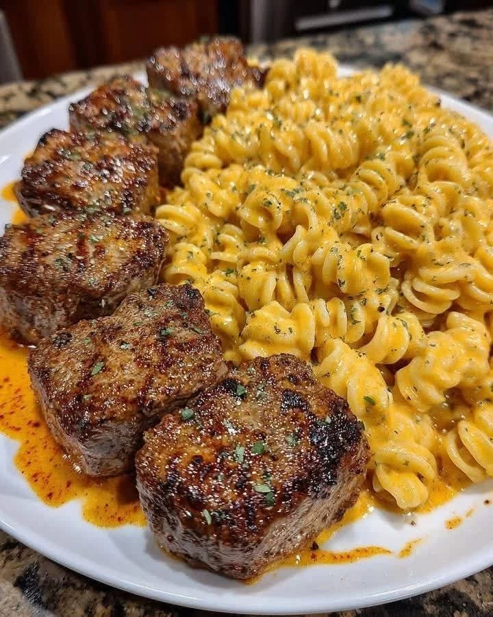 Garlic Butter Steak Tips served with cheesy rotini in a rich cheddar sauce