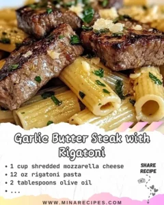 Garlic butter steak served with rigatoni pasta on a plate
