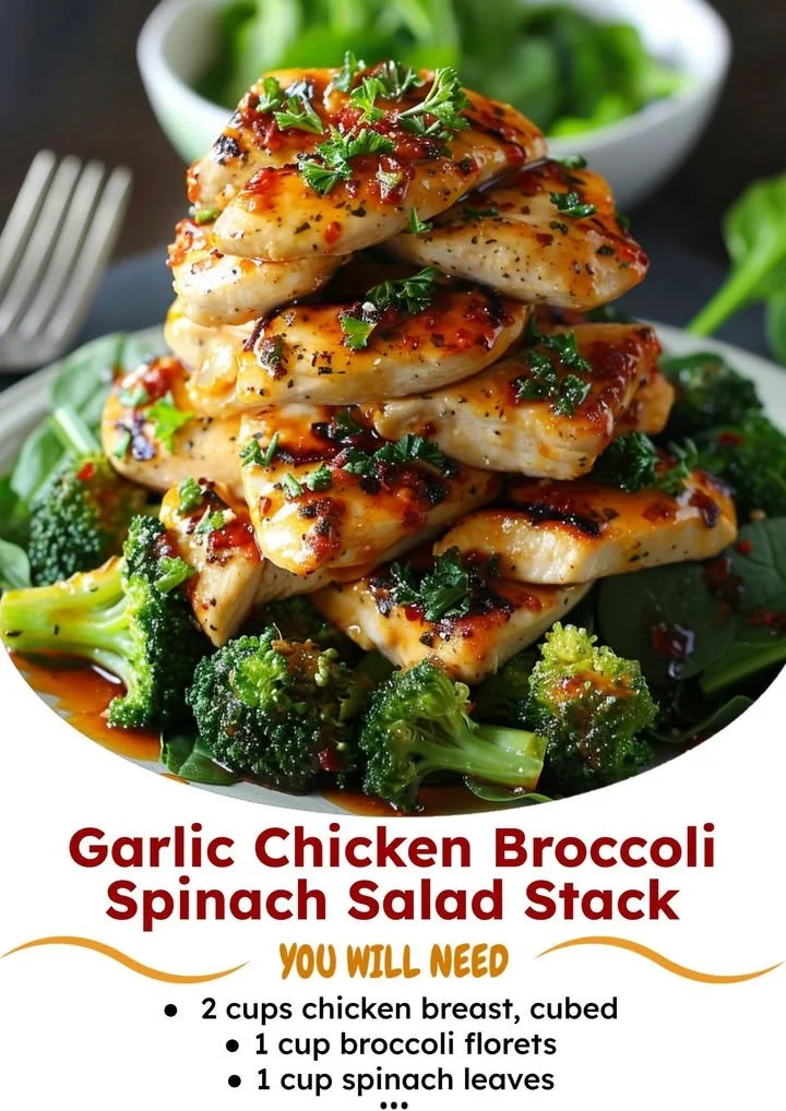 Garlic Chicken Broccoli Spinach Salad Stack