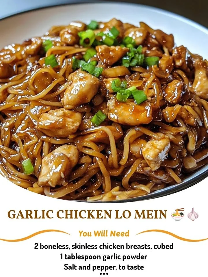A delicious plate of Garlic Chicken Noodles topped with fresh herbs and garlic