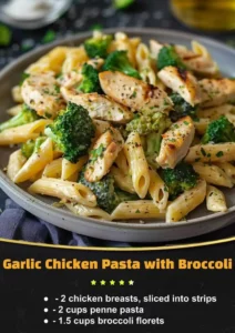 A serving of Garlic Chicken Pasta with Broccoli topped with garlic sauce.