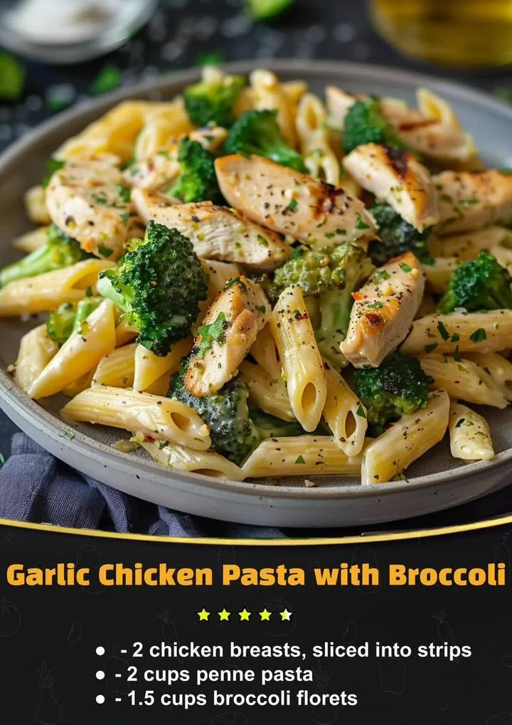 A serving of Garlic Chicken Pasta with Broccoli topped with garlic sauce.