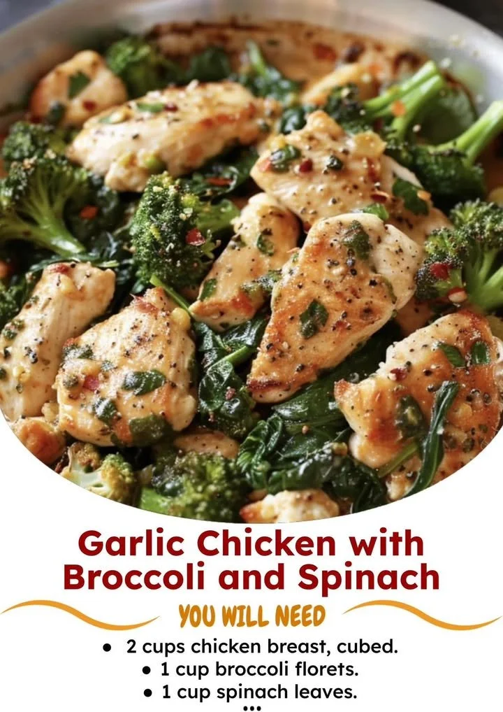 Plate of Garlic Chicken with Broccoli and Spinach for a healthy meal