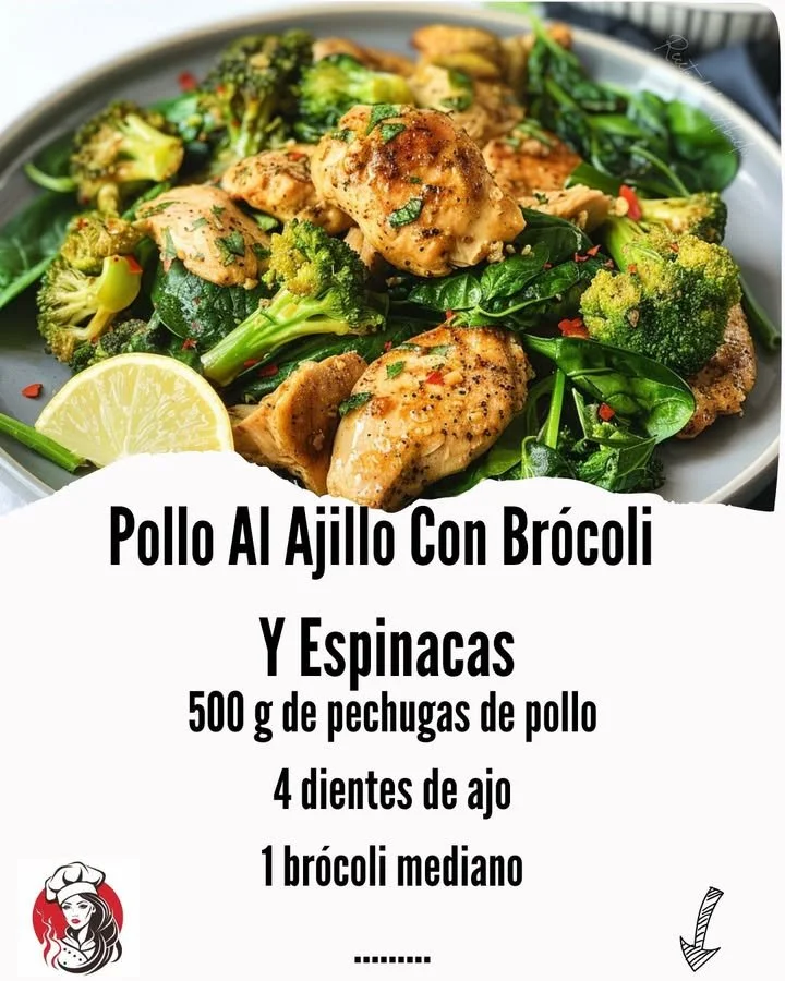 Delicious Garlic Chicken with Broccoli and Spinach on a white plate