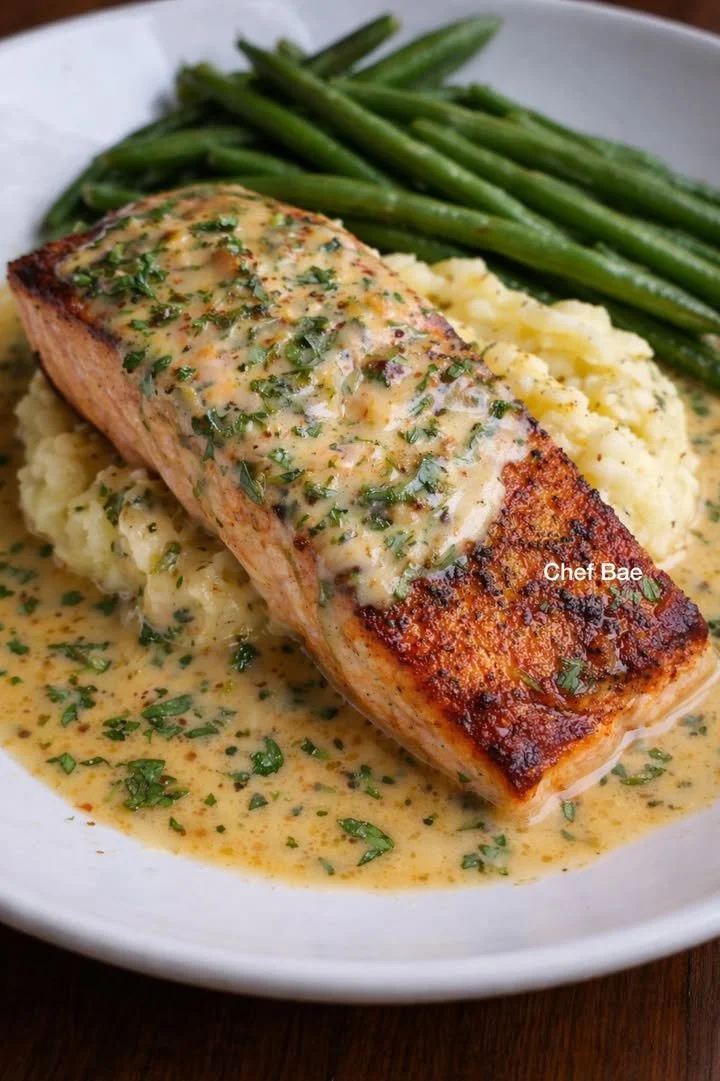 Delicious Garlic Cream Salmon served with creamy mashed potatoes and green beans