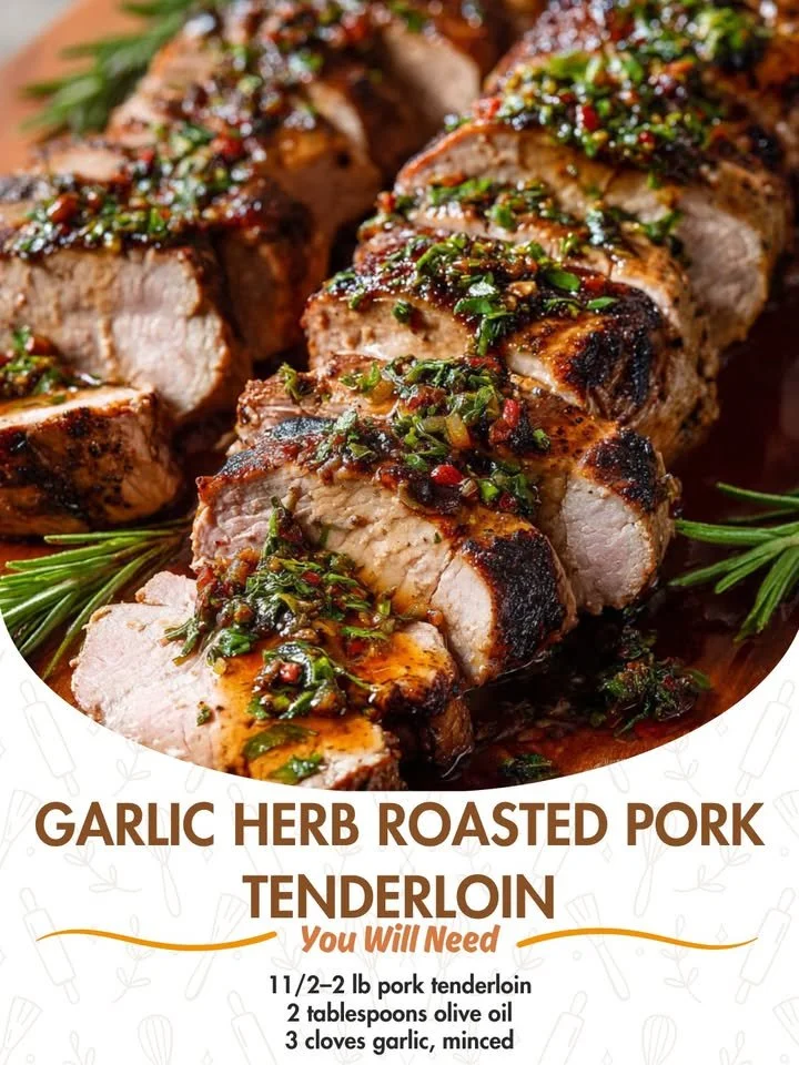 Garlic Herb Roasted Pork Tenderloin ready to serve with herbs and garlic.